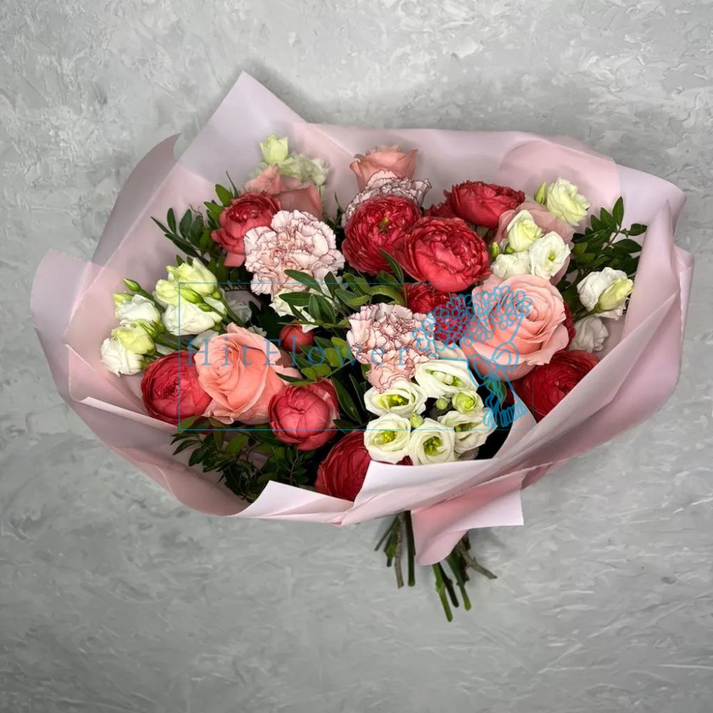 Букет цветов Притязательность в красках Букет цветов из: Розы, Гвоздики и Лизиантусы